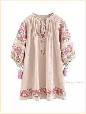 Floral Embroidery Cotton Tunic Mini Dress 3/4 Lantern Sleeve V Neck